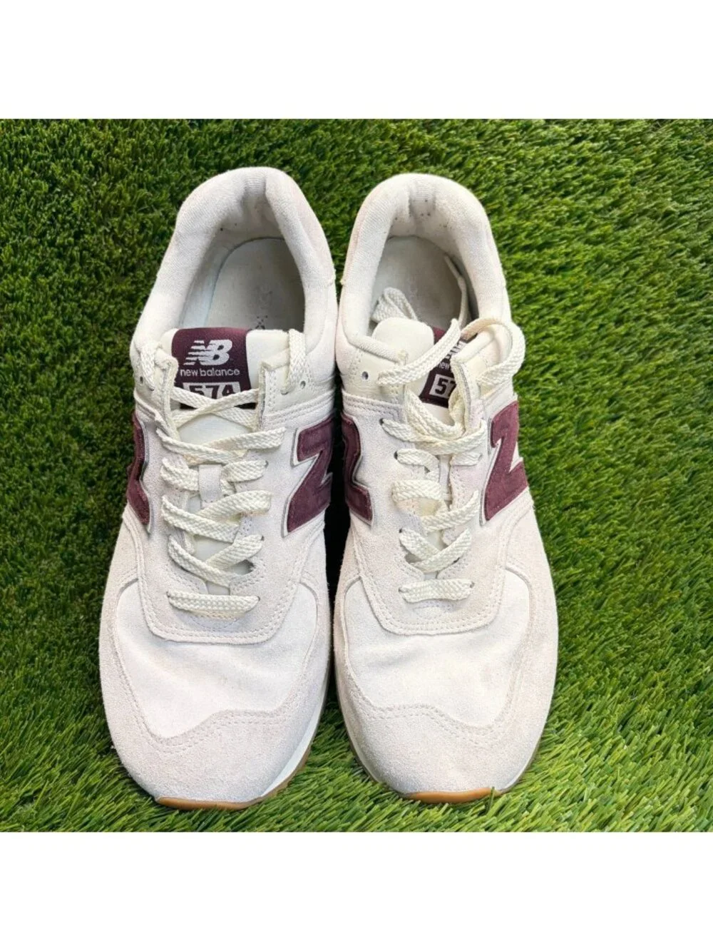 New Balance 574 Mens Size 13 Cream Burgundy Athletic Walking Shoes Sneakers